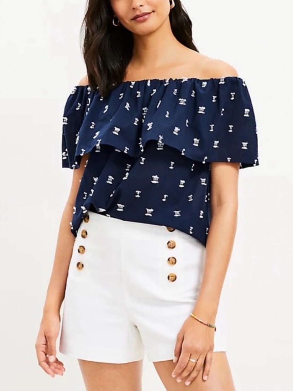 LOFT | Navy Blue & White Coastal Cotton Ruffled Off-Shoulder Top Sz Small Petite